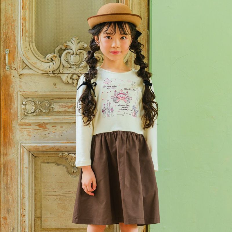 ベビー服 女の子 馬車 お城 ロゴ お花 刺繍 リボンつきドッキングワンピース