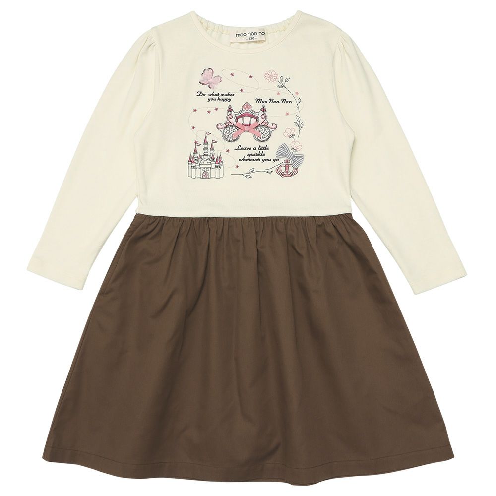 ベビー服 女の子 馬車 お城 ロゴ お花 刺繍 リボンつきドッキングワンピース オフホワイト(11) 正面