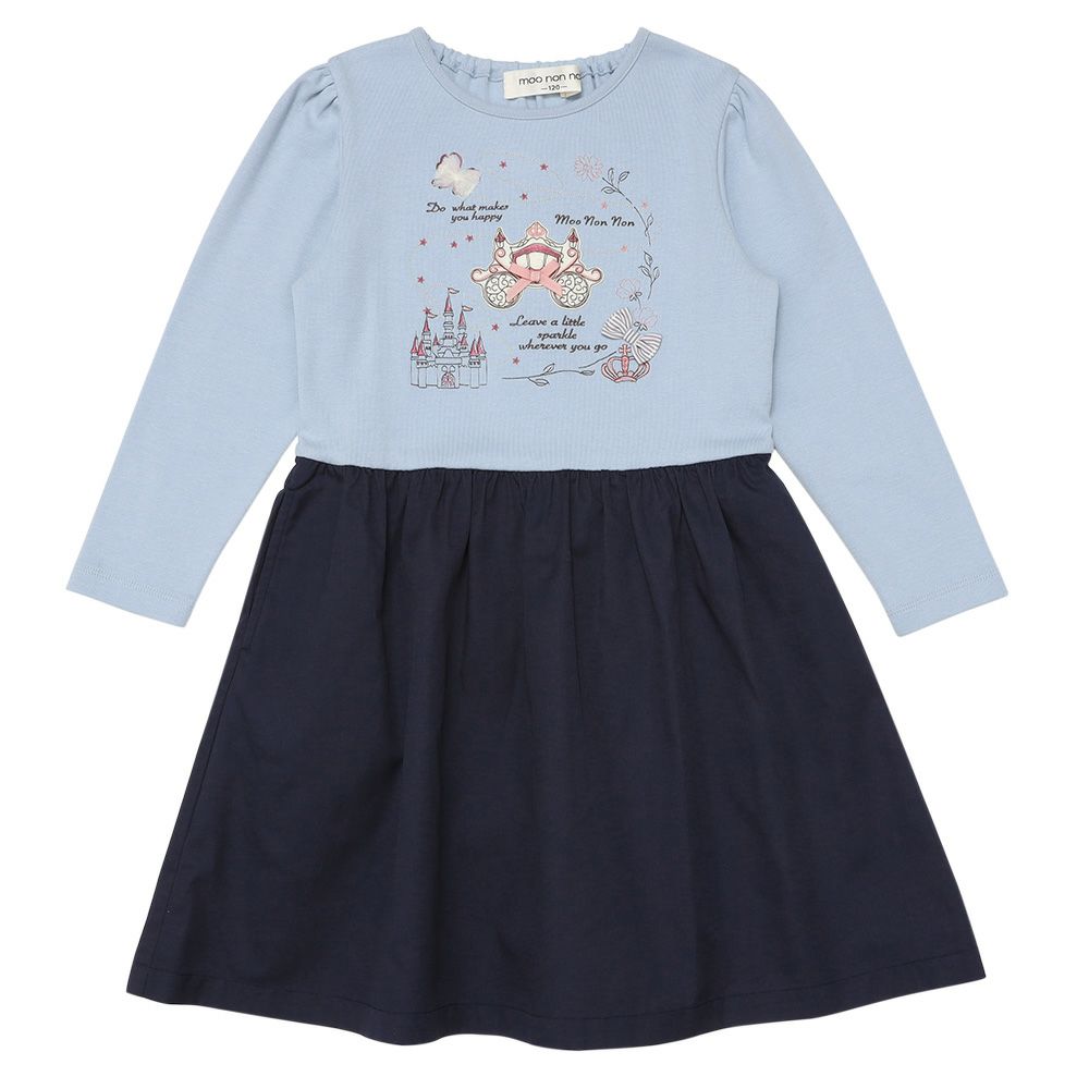 ベビー服 女の子 馬車 お城 ロゴ お花 刺繍 リボンつきドッキングワンピース ブルー(61) 正面