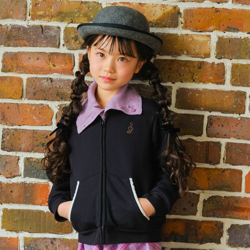 ベビー服 女の子 あったか裏起毛 音符刺繍フード取り外し ジップアップパーカー