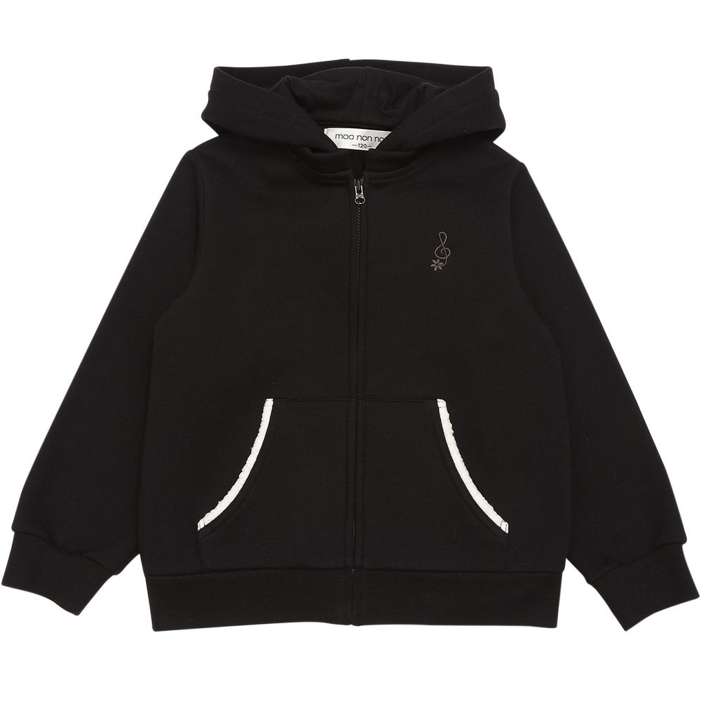 ベビー服 女の子 あったか裏起毛 音符刺繍フード取り外し ジップアップパーカー ブラック(00) 正面