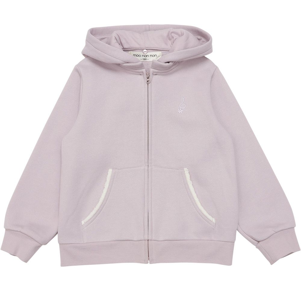 ベビー服 女の子 あったか裏起毛 音符刺繍フード取り外し ジップアップパーカー パープル(91) 正面
