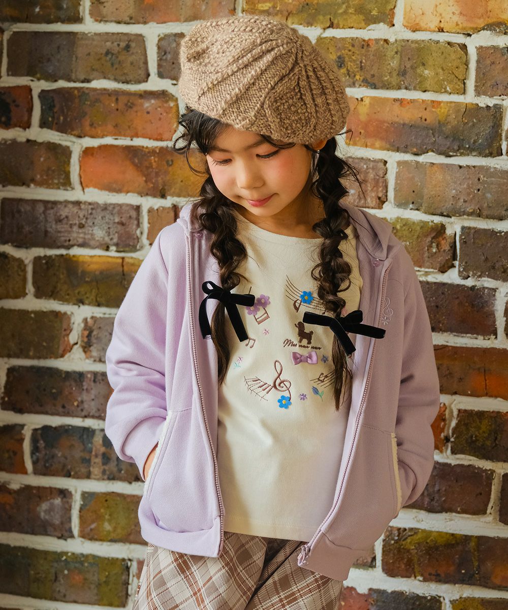 ベビー服 女の子 あったか裏起毛 音符刺繍フード取り外し ジップアップパーカー パープル(91) モデル画像アップ