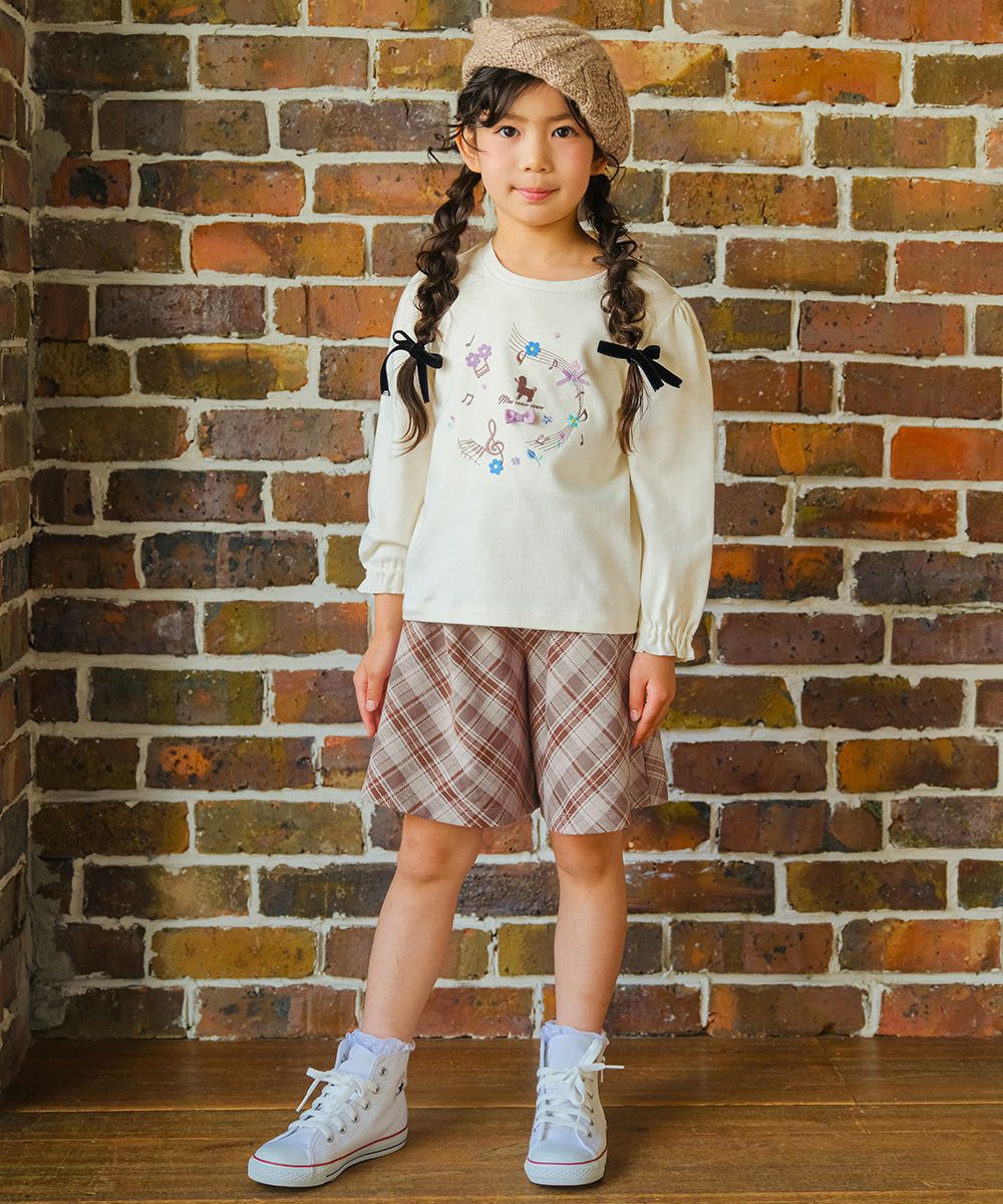子供服 女の子 オリジナルチェック柄 ダブルニットキュロットパンツ ベージュ(51) モデル画像アップ