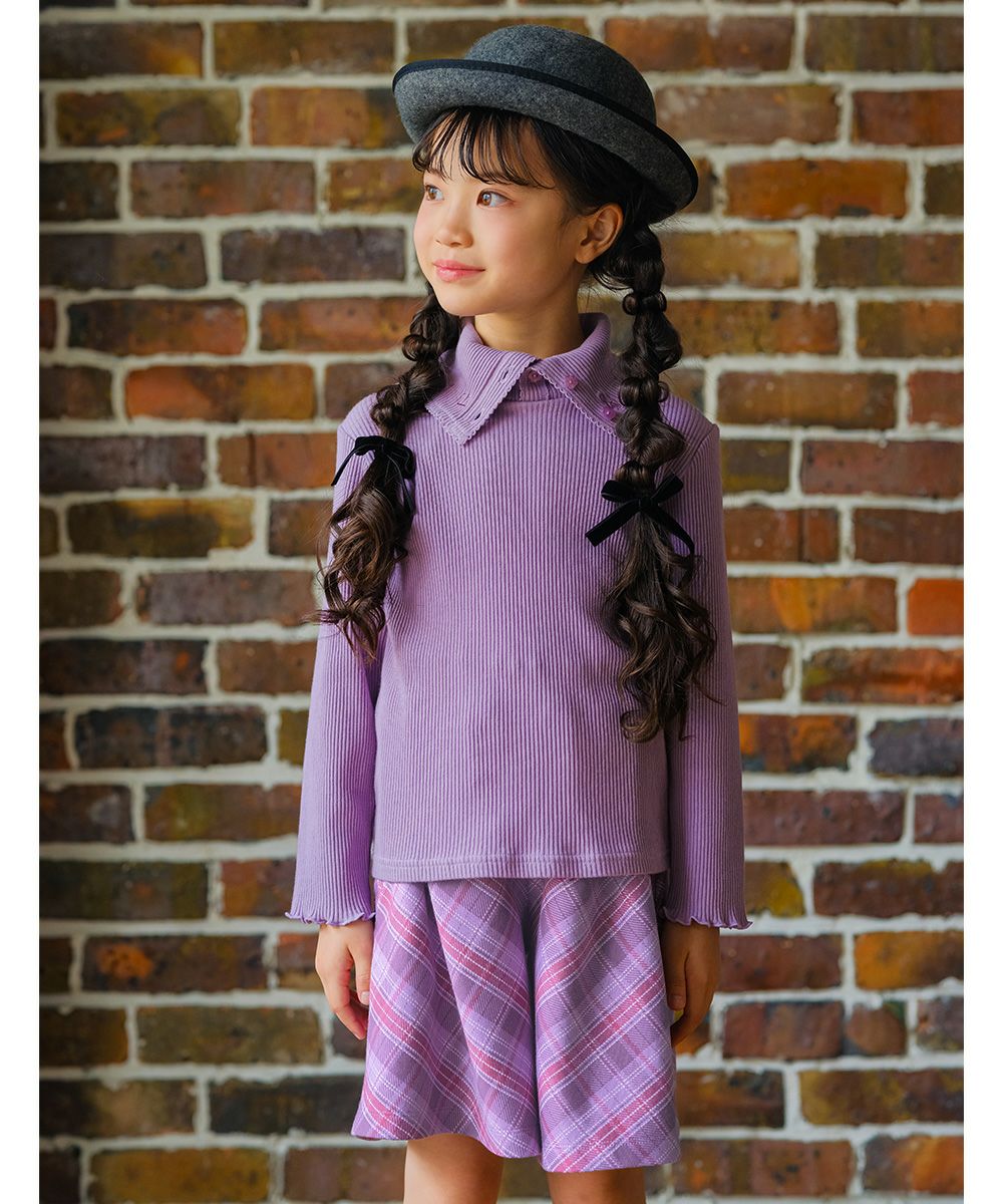 子供服 女の子 オリジナルチェック柄 ダブルニットキュロットパンツ パープル(91) モデル画像3