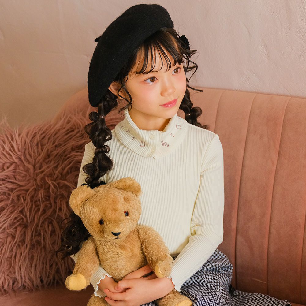 子供服 女の子 音符刺繍 ボタン襟付き 3wayリブカットソー