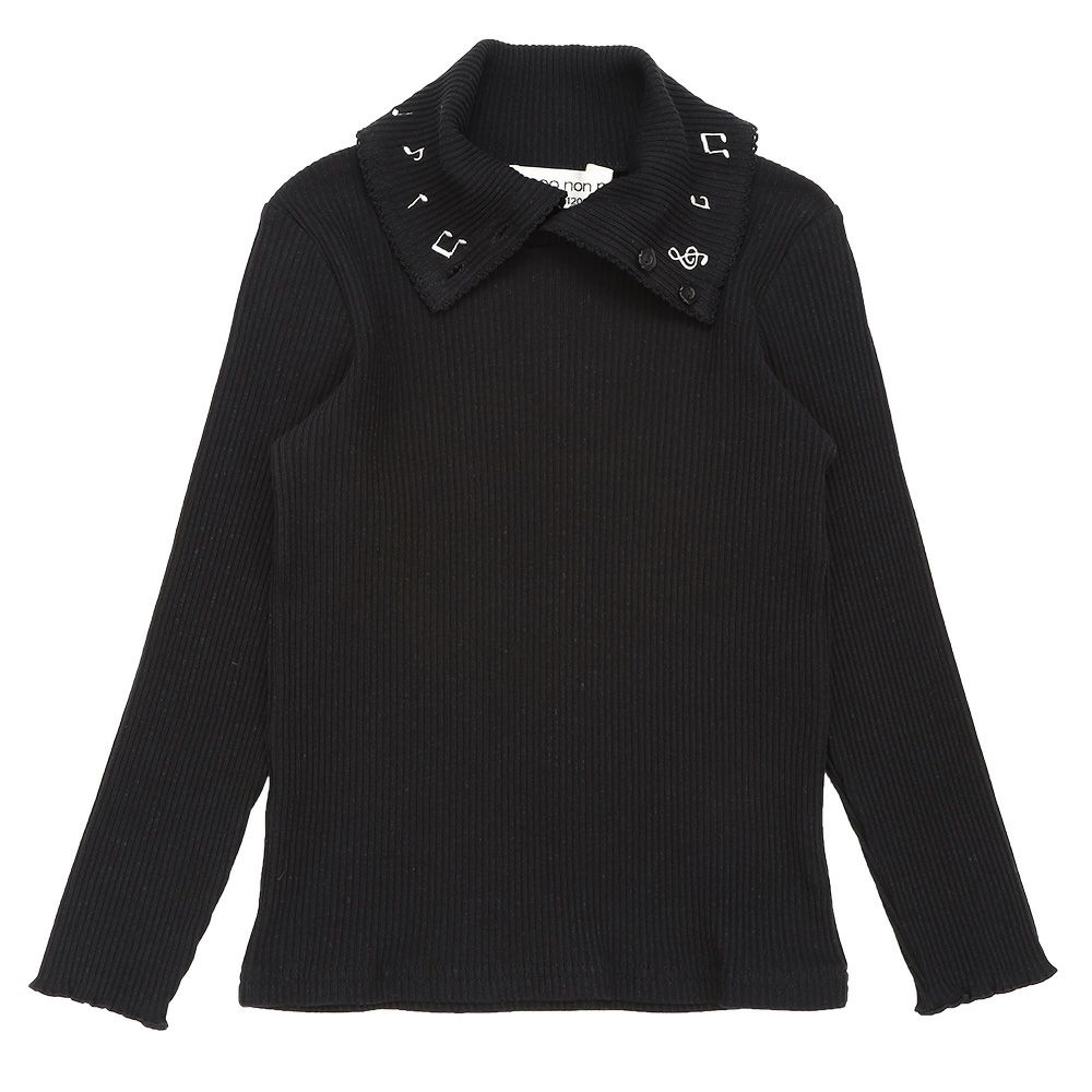 子供服 女の子 子ども服 こども キッズ ジュニア 音符刺繍 ボタン襟付き タートルネック リブ カットソー ブラック(00) 正面
