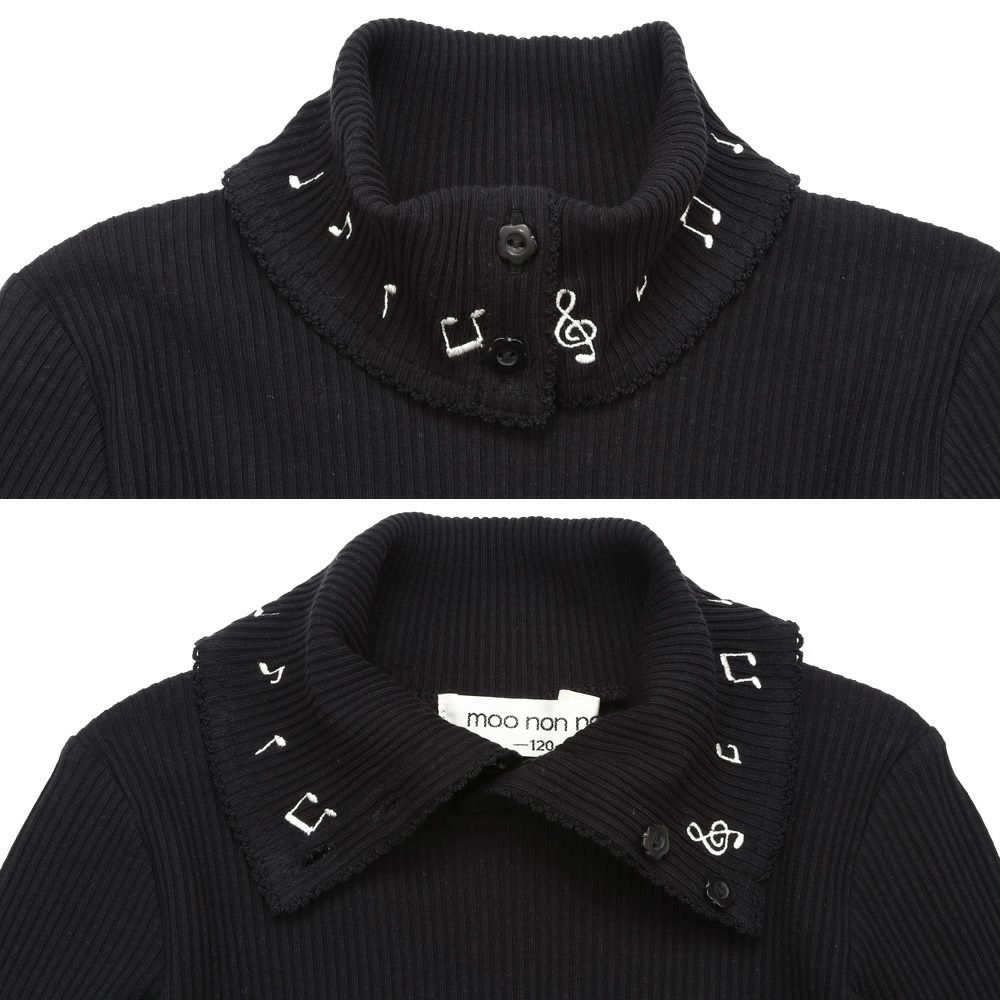 子供服 女の子 音符刺繍 ボタン襟付き 3wayリブカットソー ブラック(00) デザインポイント1