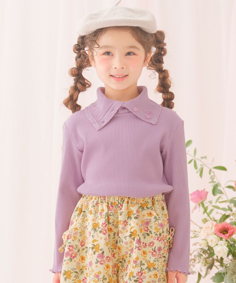 綿100％お花プリントリボンモチーフ付きTシャツ