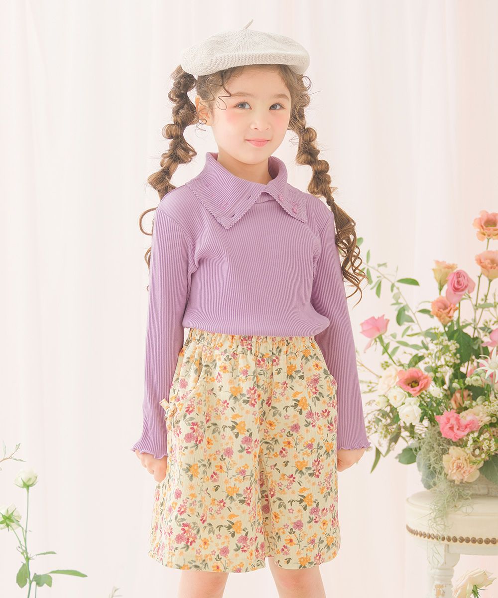 子供服 女の子 子ども服 こども キッズ ジュニア 音符刺繍 ボタン襟付き タートルネック リブ カットソー パープル(91) モデル画像全身