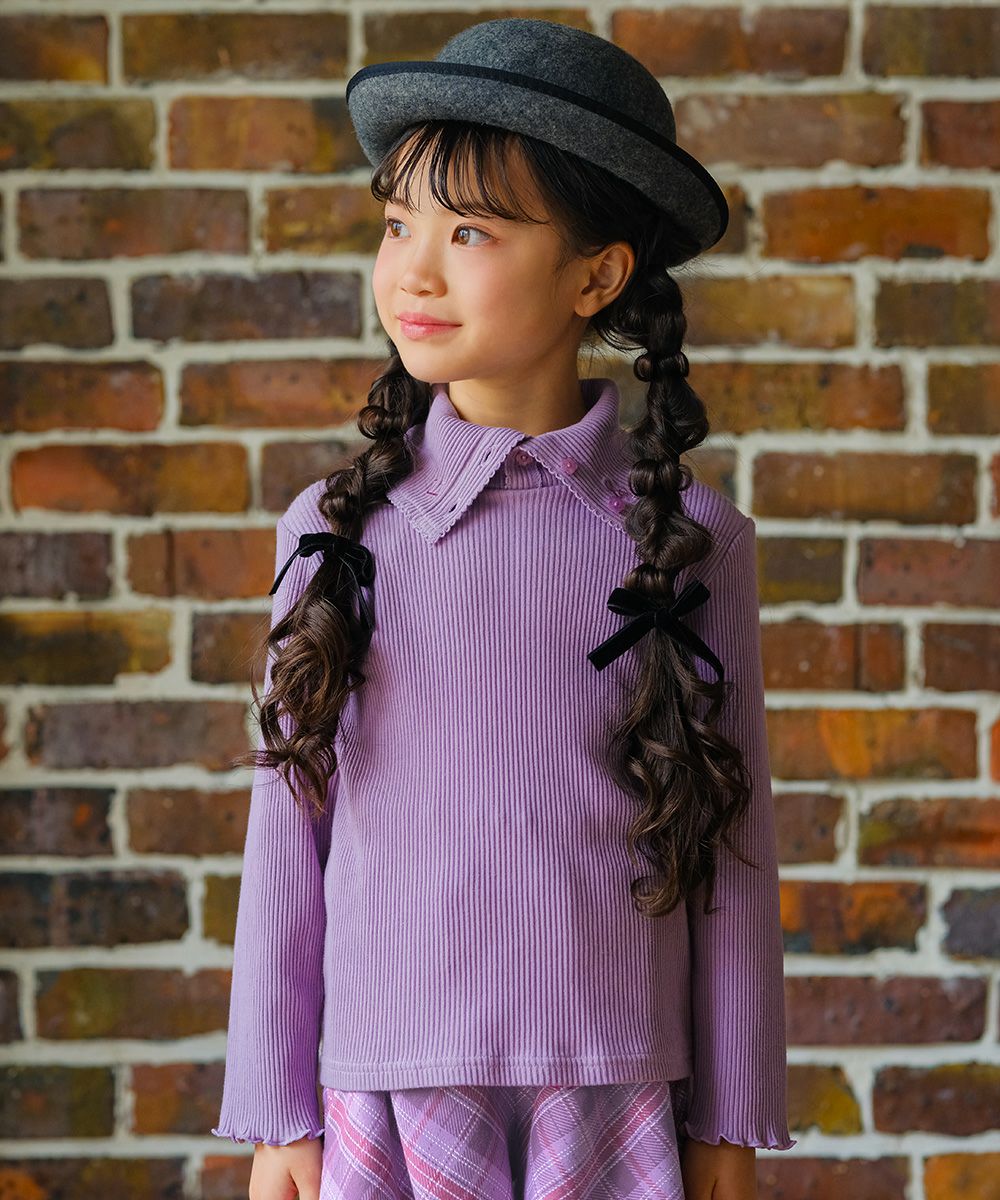 子供服 女の子 子ども服 こども キッズ ジュニア 音符刺繍 ボタン襟付き タートルネック リブ カットソー パープル(91) モデル画像1