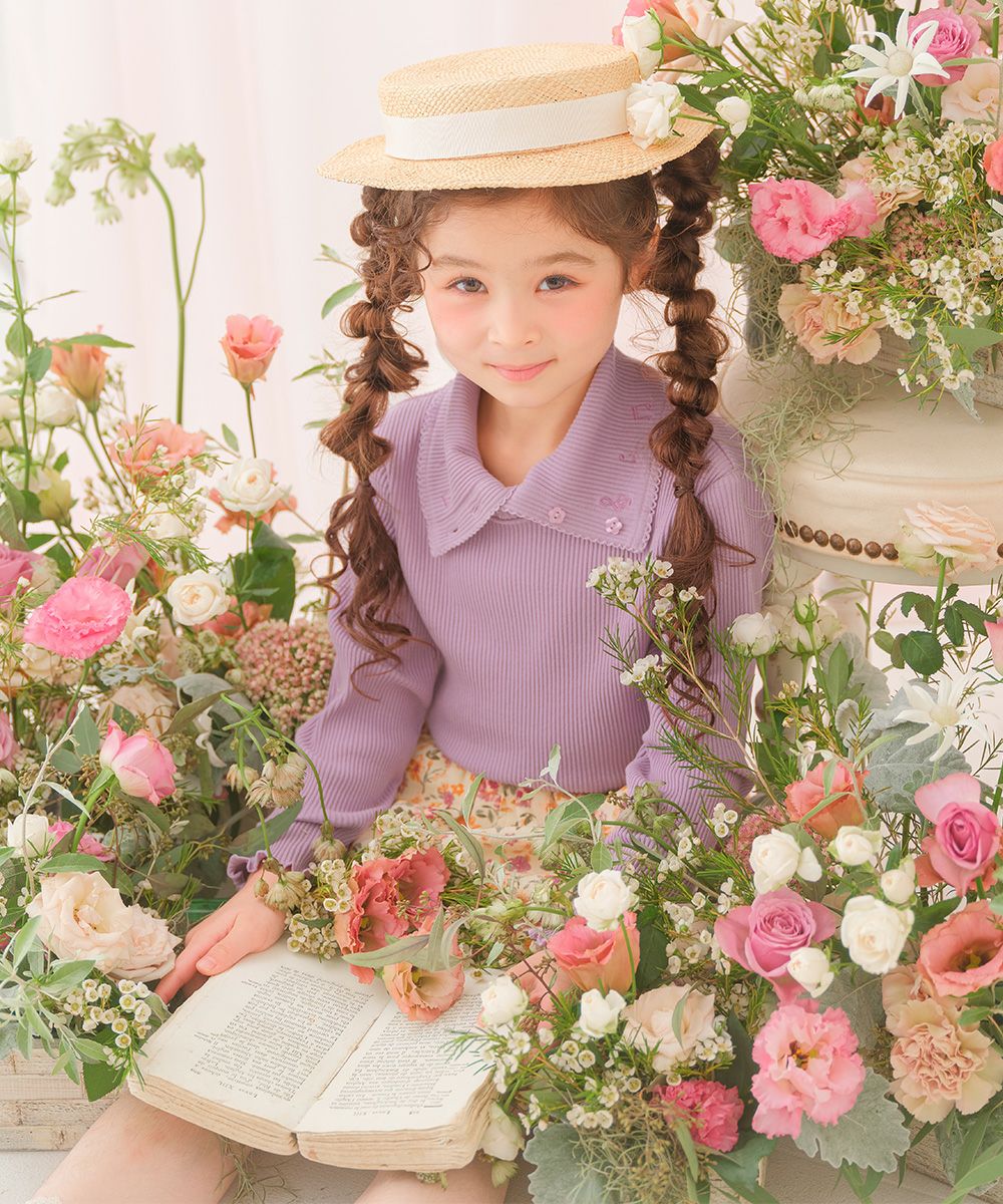 子供服 女の子 子ども服 こども キッズ ジュニア 音符刺繍 ボタン襟付き タートルネック リブ カットソー パープル(91) モデル画像2