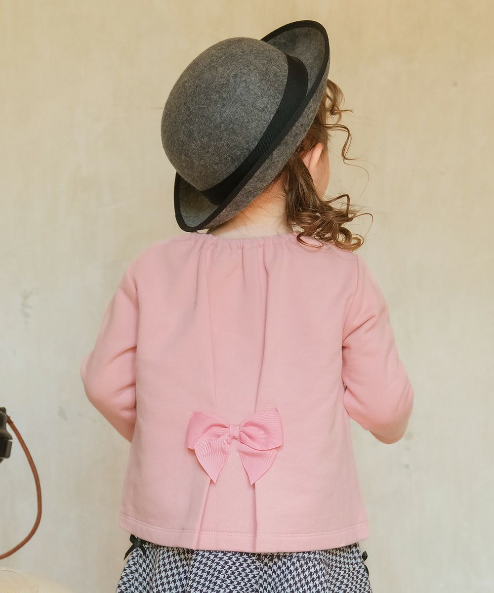 ベビー服 女の子 子ども服 キッズ 音符 刺繍 チェック 千鳥 バック リボン 付き Aライン ピンク(02) モデル画像全身