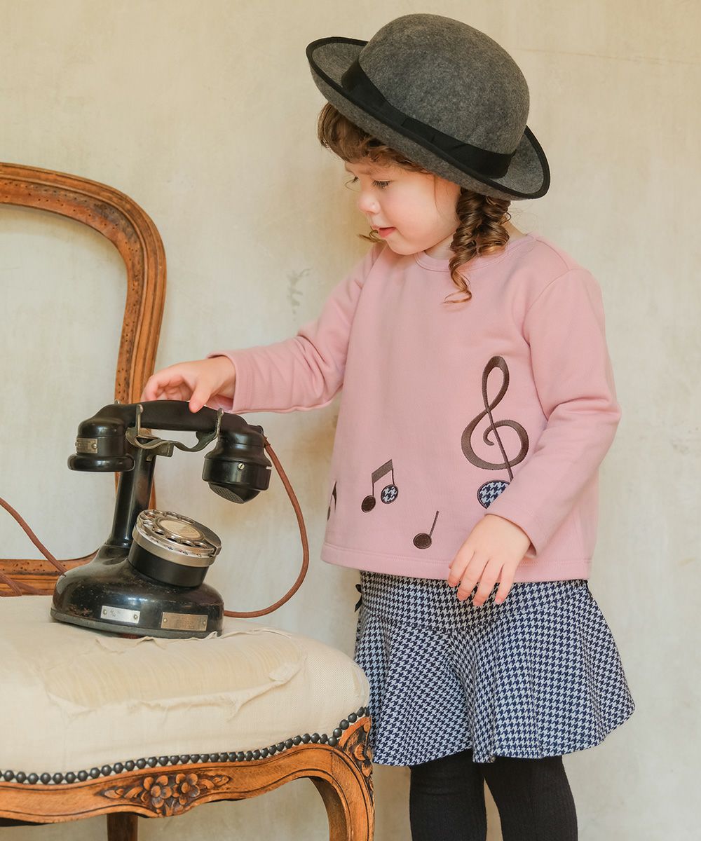ベビー服 女の子 子ども服 キッズ 音符 刺繍 チェック 千鳥 バック リボン 付き Aライン ピンク(02) モデル画像1