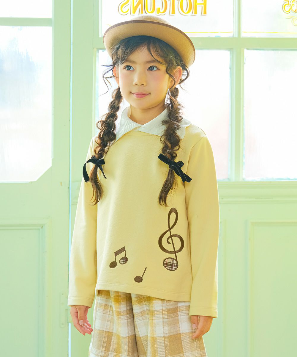ベビー服 女の子 子ども服 キッズ 音符 刺繍 チェック 千鳥 バック リボン 付き Aライン イエロー(04) モデル画像アップ