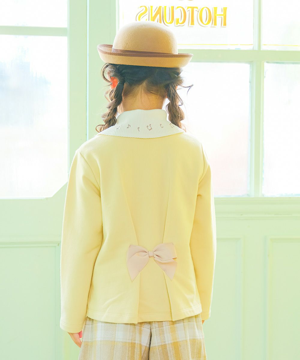 ベビー服 女の子 子ども服 キッズ 音符 刺繍 チェック 千鳥 バック リボン 付き Aライン イエロー(04) モデル画像全身