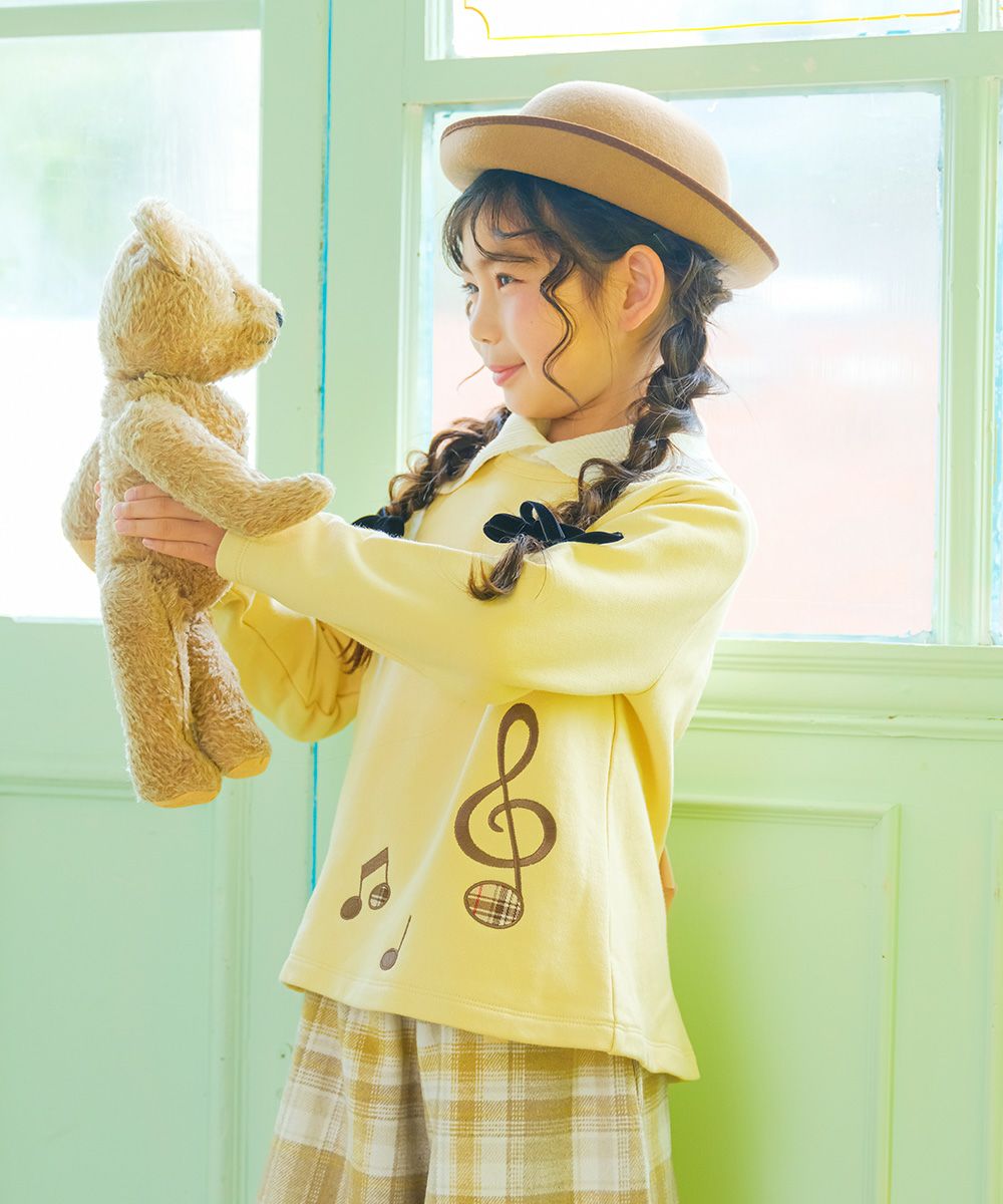 ベビー服 女の子 子ども服 キッズ 音符 刺繍 チェック 千鳥 バック リボン 付き Aライン イエロー(04) モデル画像1