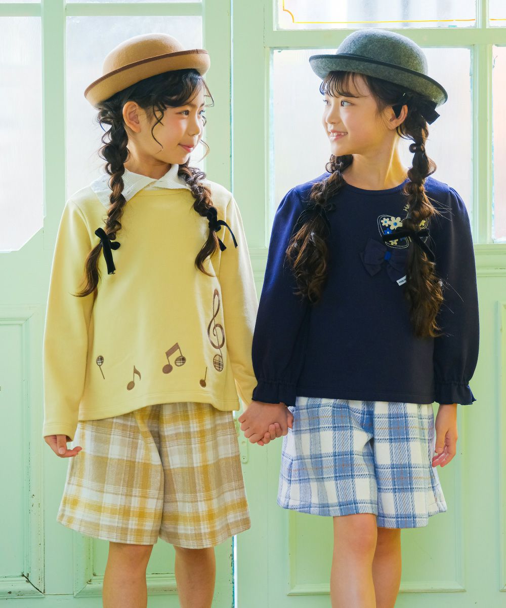 ベビー服 女の子 子ども服 キッズ 音符 刺繍 チェック 千鳥 バック リボン 付き Aライン イエロー(04) モデル画像2