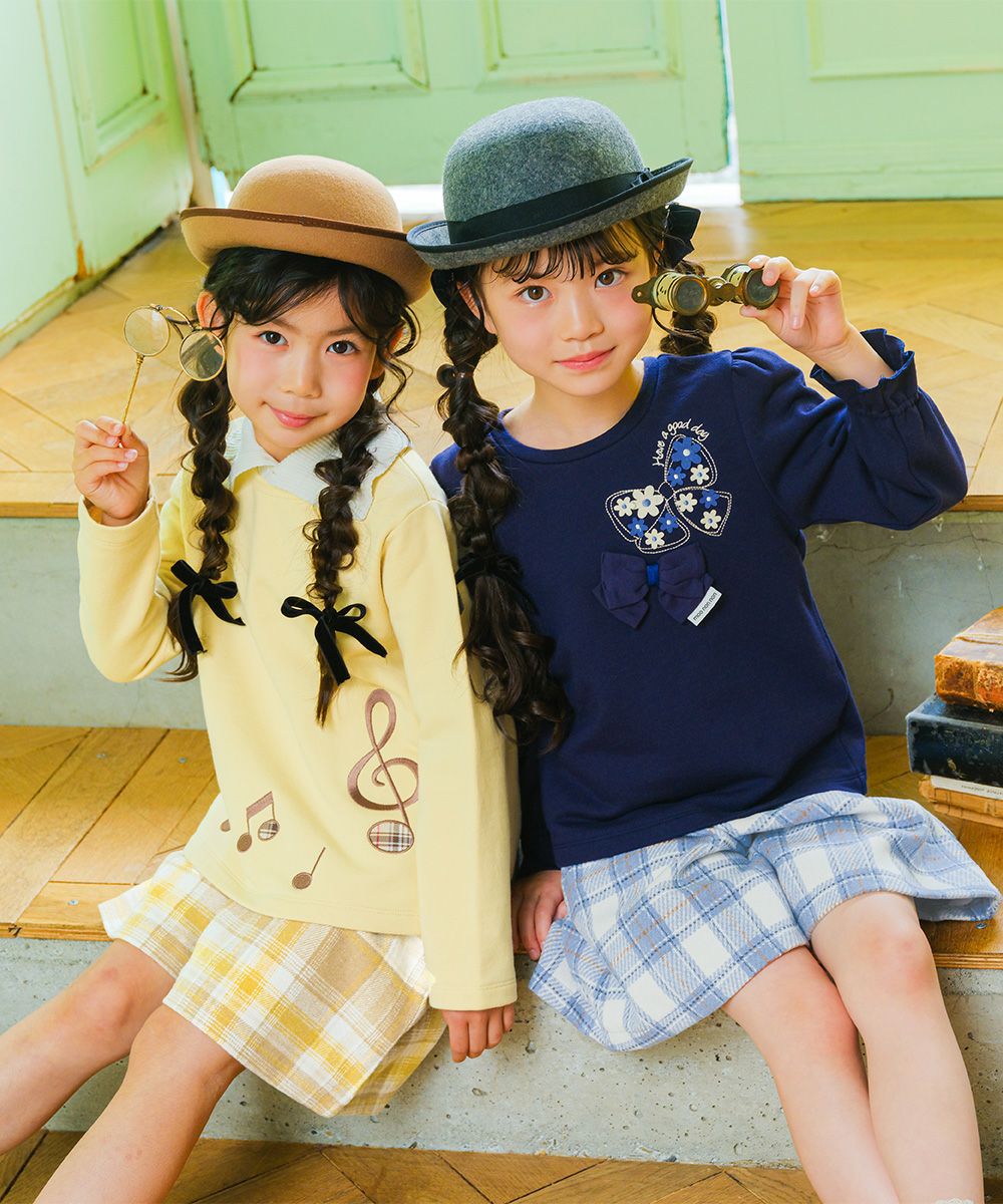 ベビー服 女の子 子ども服 キッズ 音符 刺繍 チェック 千鳥 バック リボン 付き Aライン イエロー(04) モデル画像3