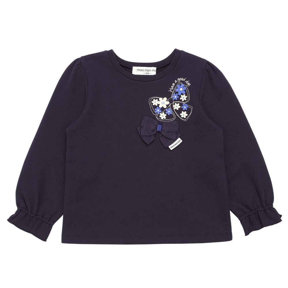 ベビー服 女の子 リボン刺繍 お花モチーフ付き 裏毛トレーナー ネイビー(06) 正面