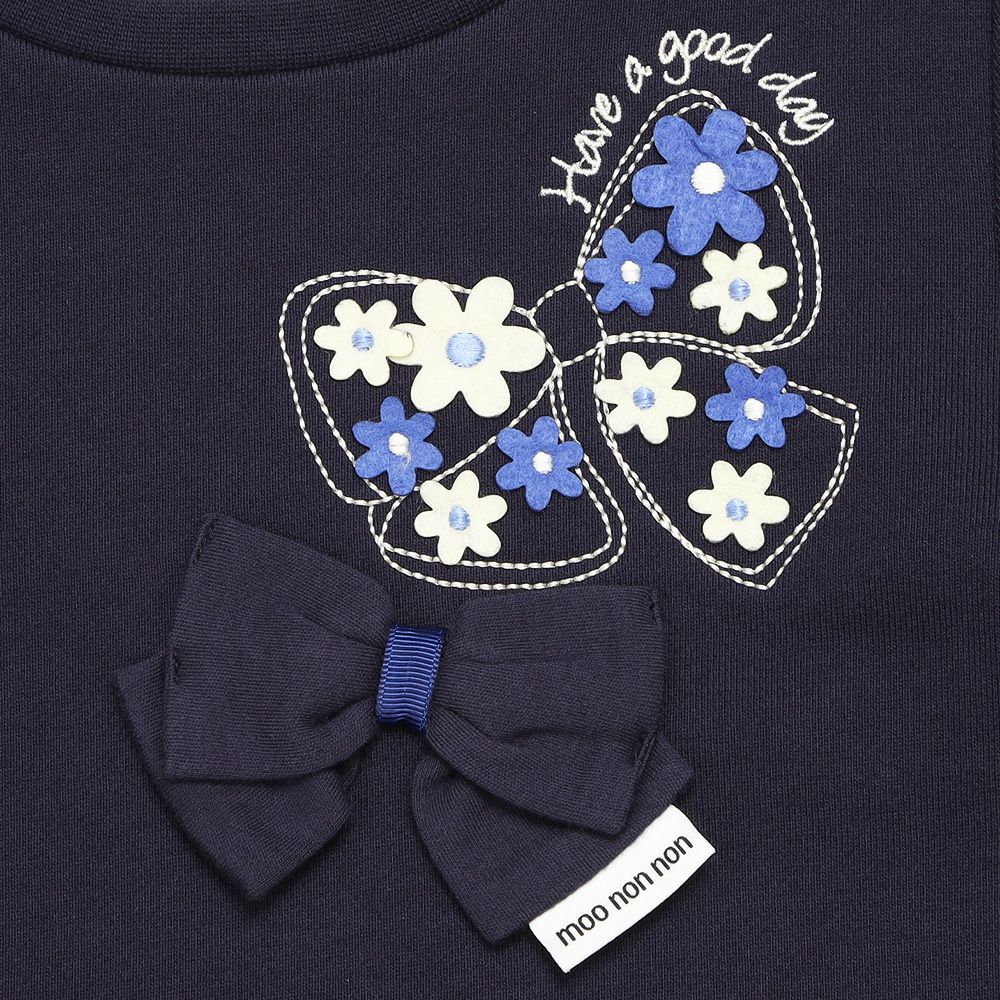 ベビー服 女の子 リボン刺繍 お花モチーフ付き 裏毛トレーナー ネイビー(06) デザインポイント1