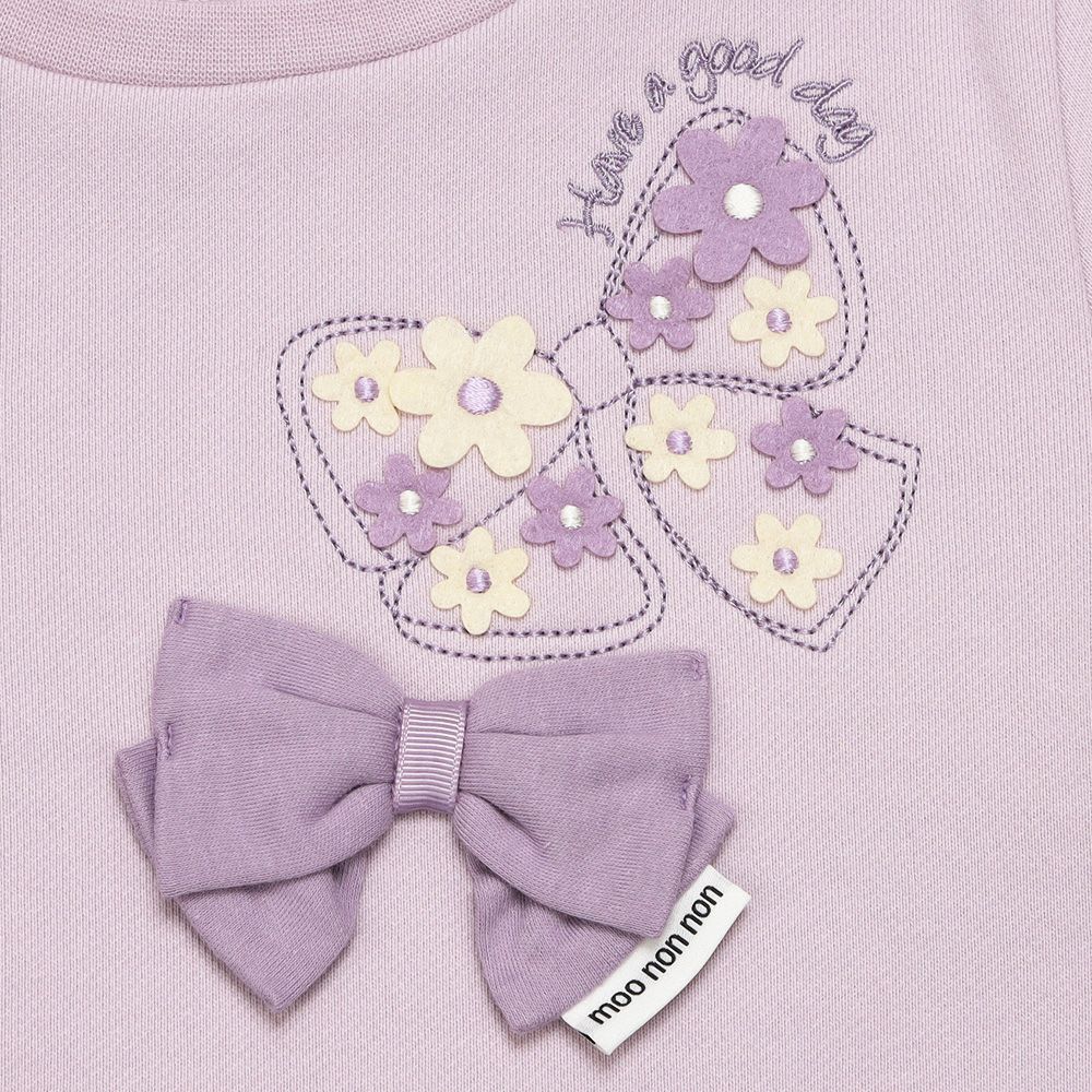 ベビー服 女の子 リボン刺繍 お花モチーフ付き 裏毛トレーナー パープル(91) デザインポイント1