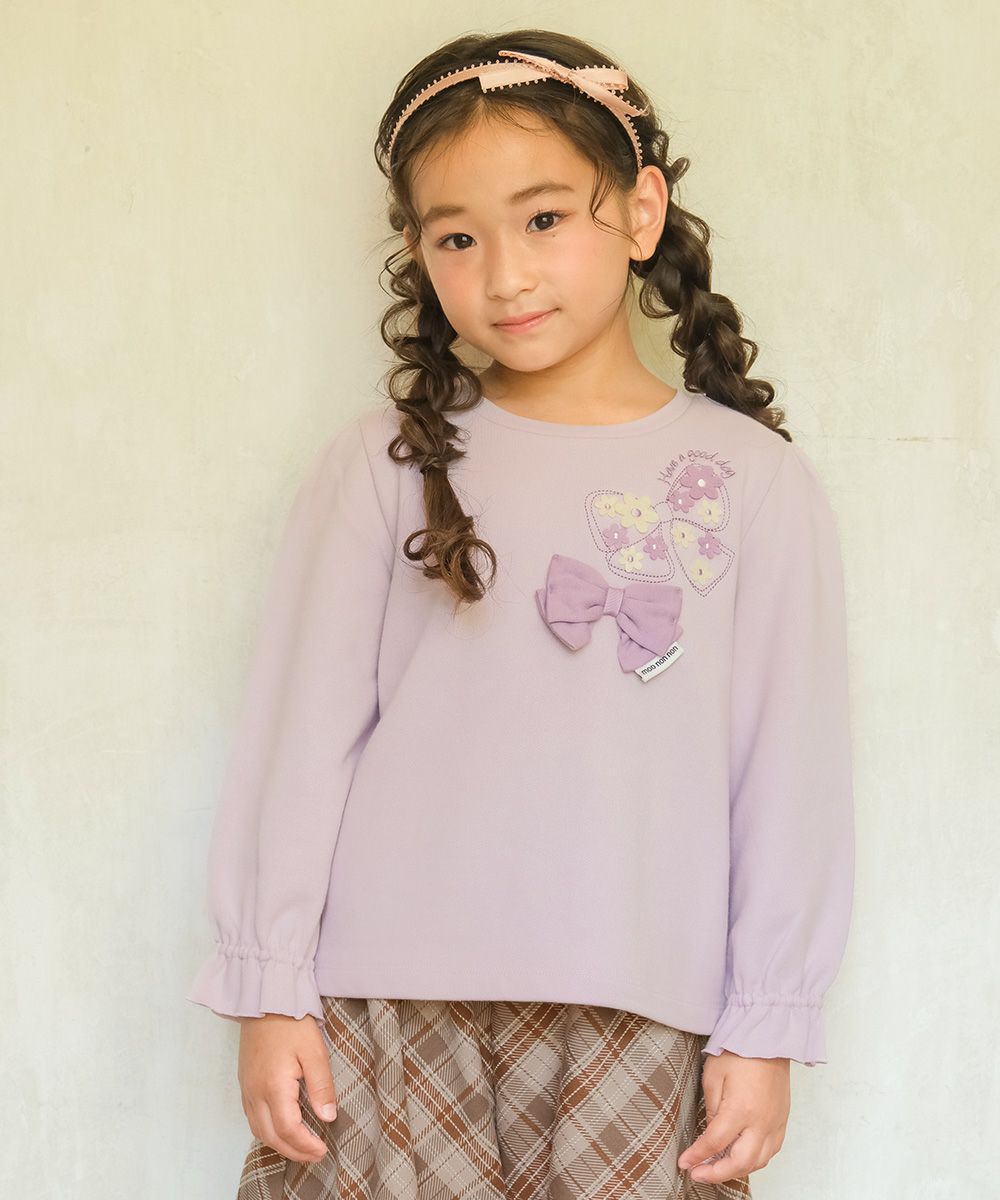 ベビー服 女の子 リボン刺繍 お花モチーフ付き 裏毛トレーナー パープル(91) モデル画像アップ