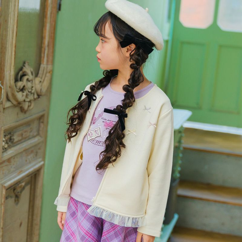 ベビー服 女の子 リボンつき チュールフリル 裏毛カーディガン