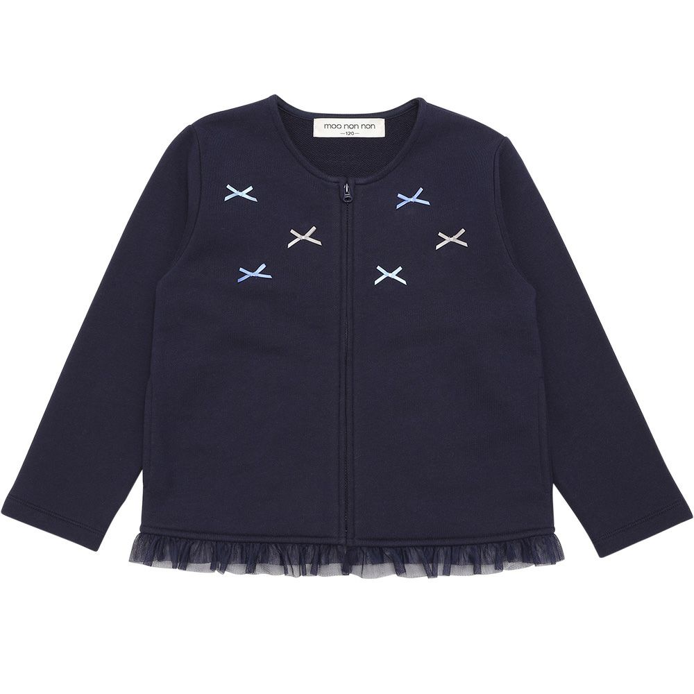 ベビー服 女の子 リボンつき チュールフリル 裏毛カーディガン ネイビー(06) 正面