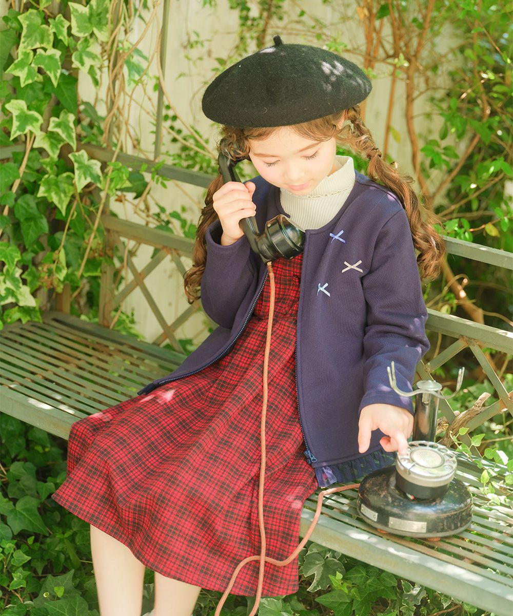 ベビー服 女の子 リボンつき チュールフリル 裏毛カーディガン ネイビー(06) モデル画像アップ