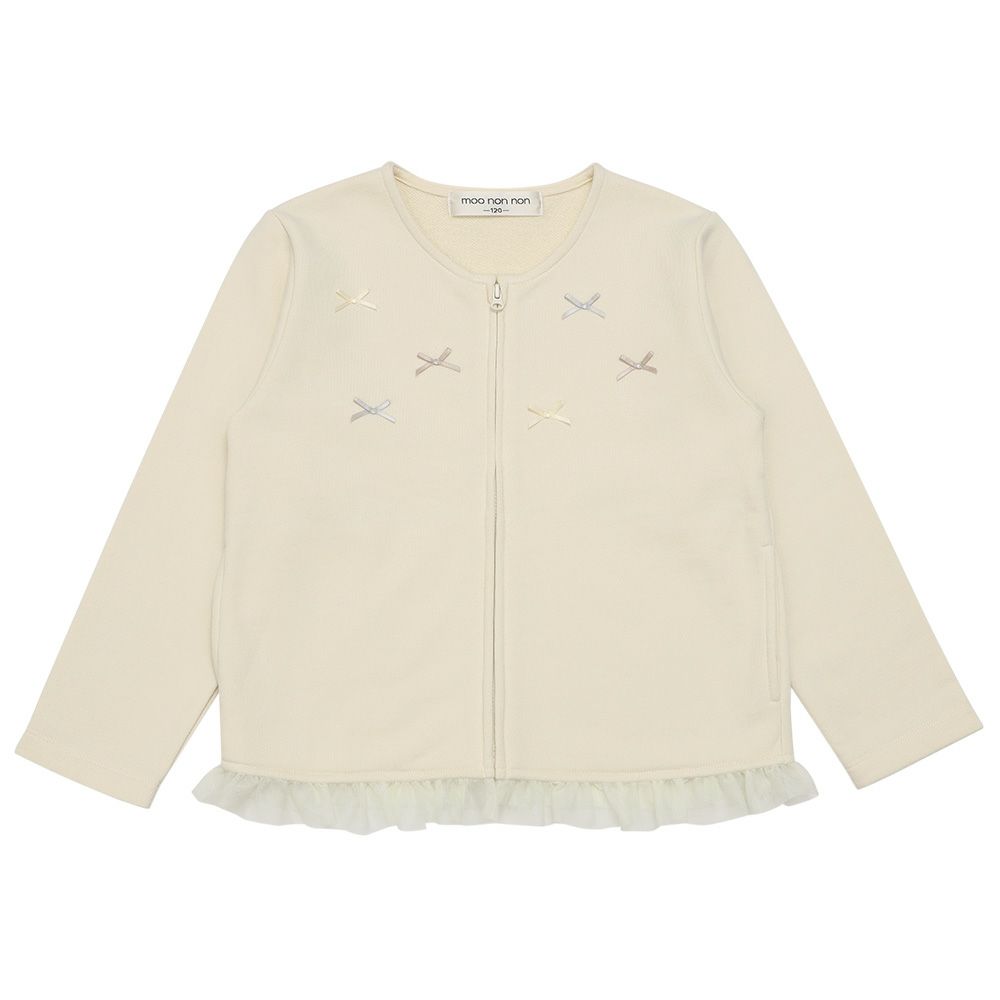 ベビー服 女の子 リボンつき チュールフリル 裏毛カーディガン アイボリー(12) 正面