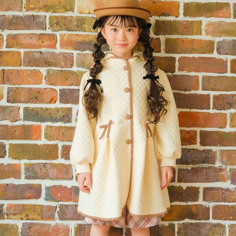 ベビー服 女の子 くるみボタン リボン付き フード取り外し可能キルトニットコート