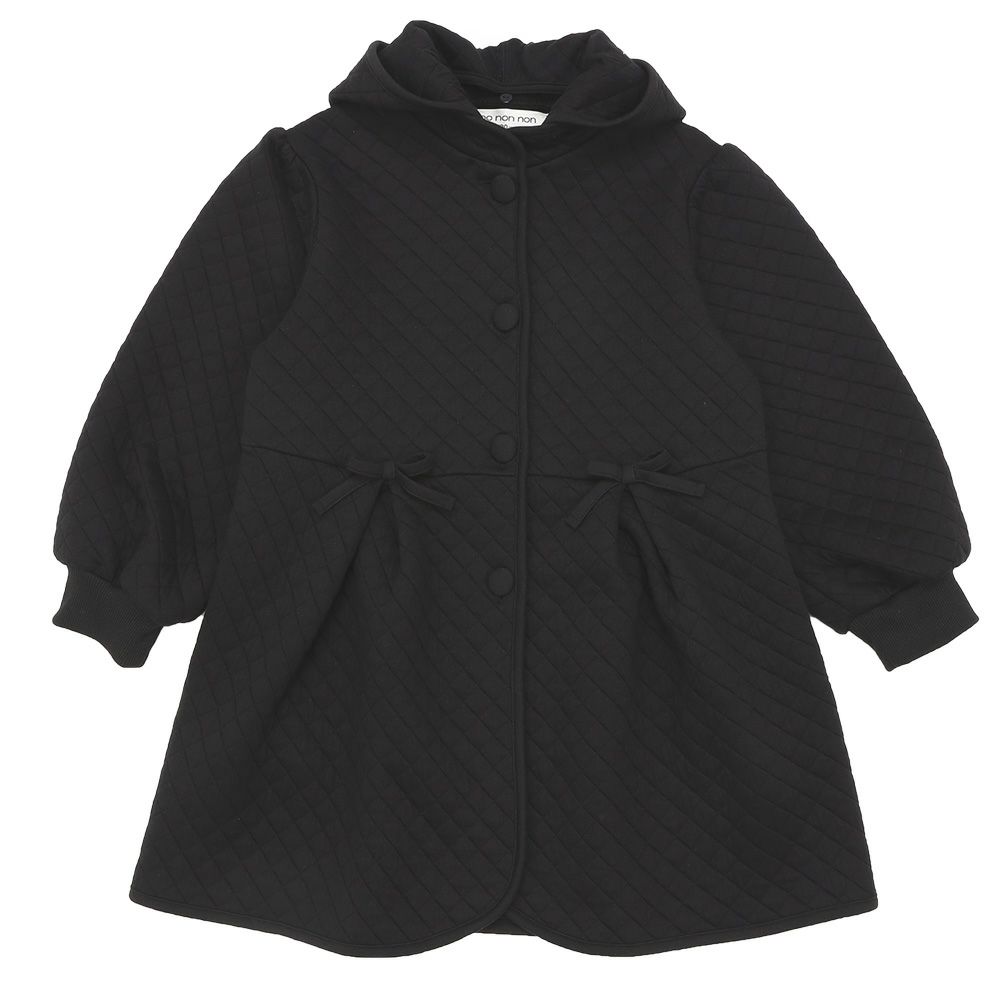 ベビー服 女の子 子ども服 こども キッズ ジュニア キルトニット くるみボタン リボン付き フード取り外し可能 ブラック(00) 正面