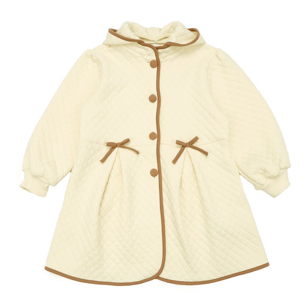 ベビー服 女の子 子ども服 こども キッズ ジュニア キルトニット くるみボタン リボン付き フード取り外し可能 アイボリー(12) 正面