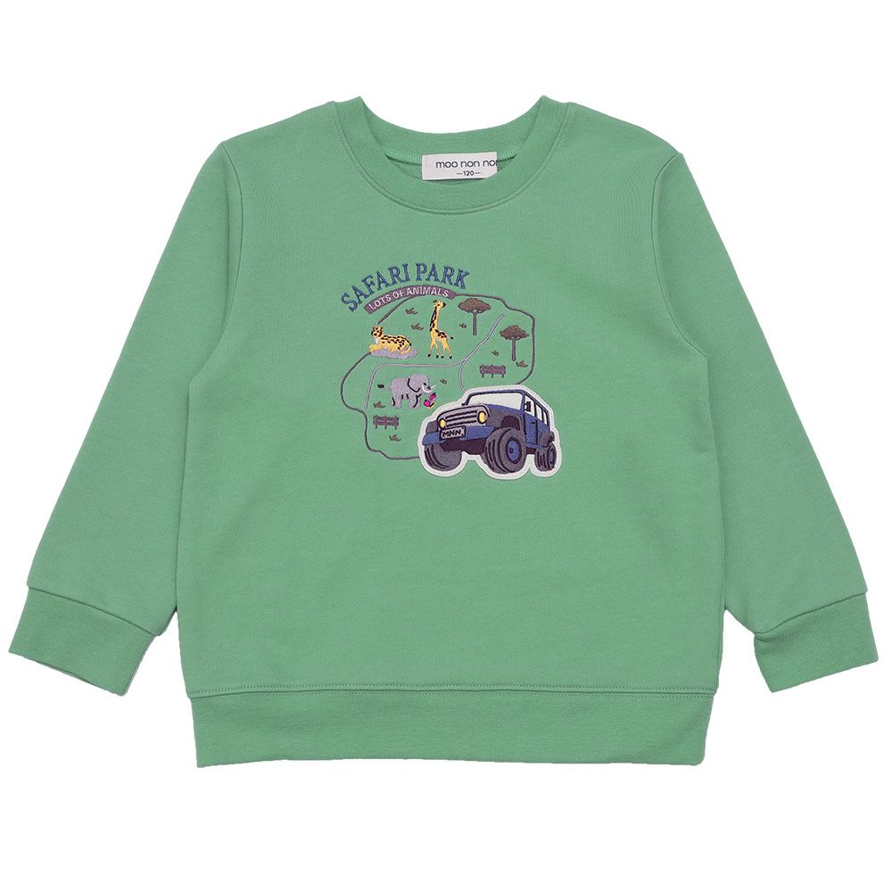 ベビー服 男の子 子ども服 こども キッズ 動物 車 刺繍 ワッペン サファリパーク 裏毛 グリーン(08) 正面