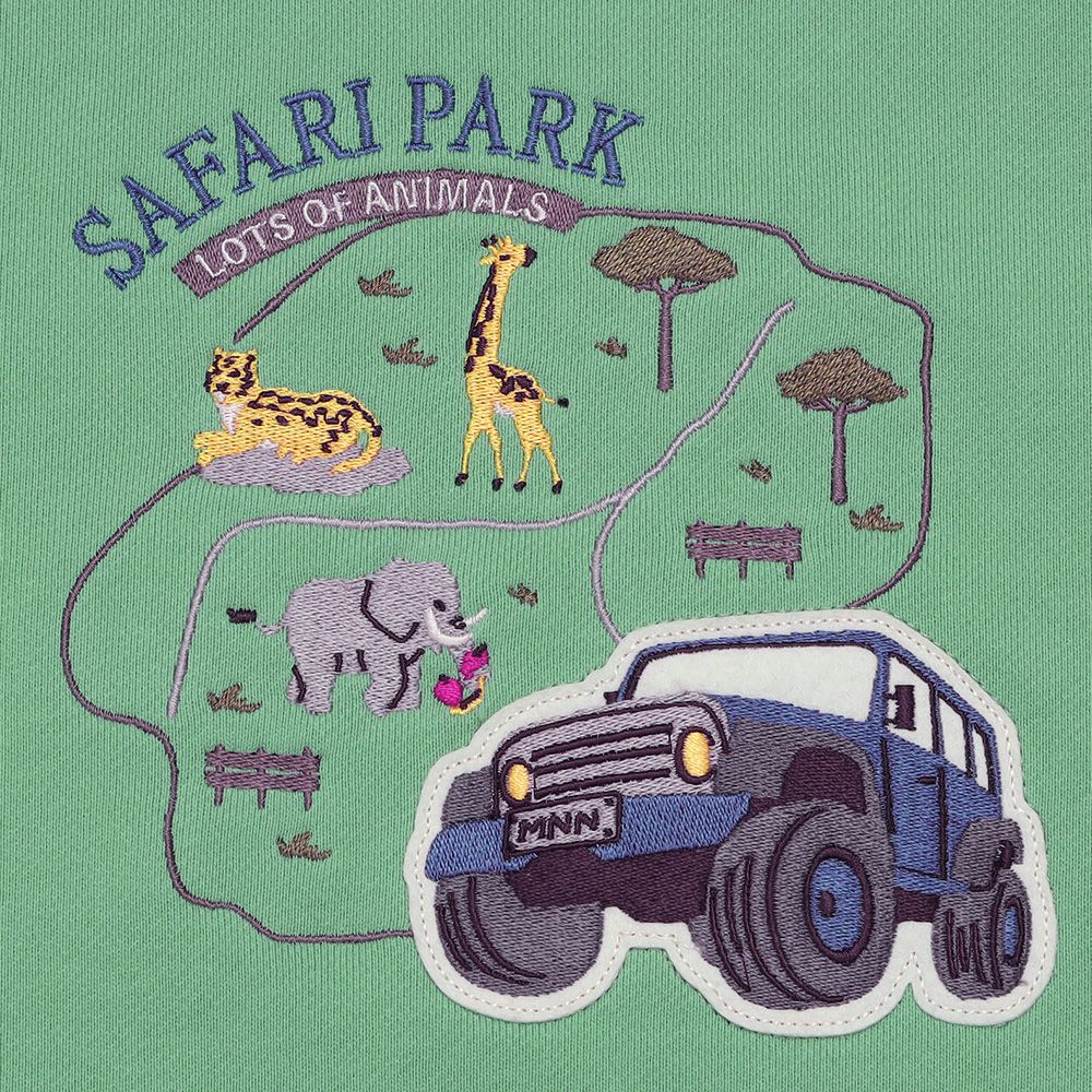 ベビー服 男の子 子ども服 こども キッズ 動物 車 刺繍 ワッペン サファリパーク 裏毛 グリーン(08) デザインポイント1