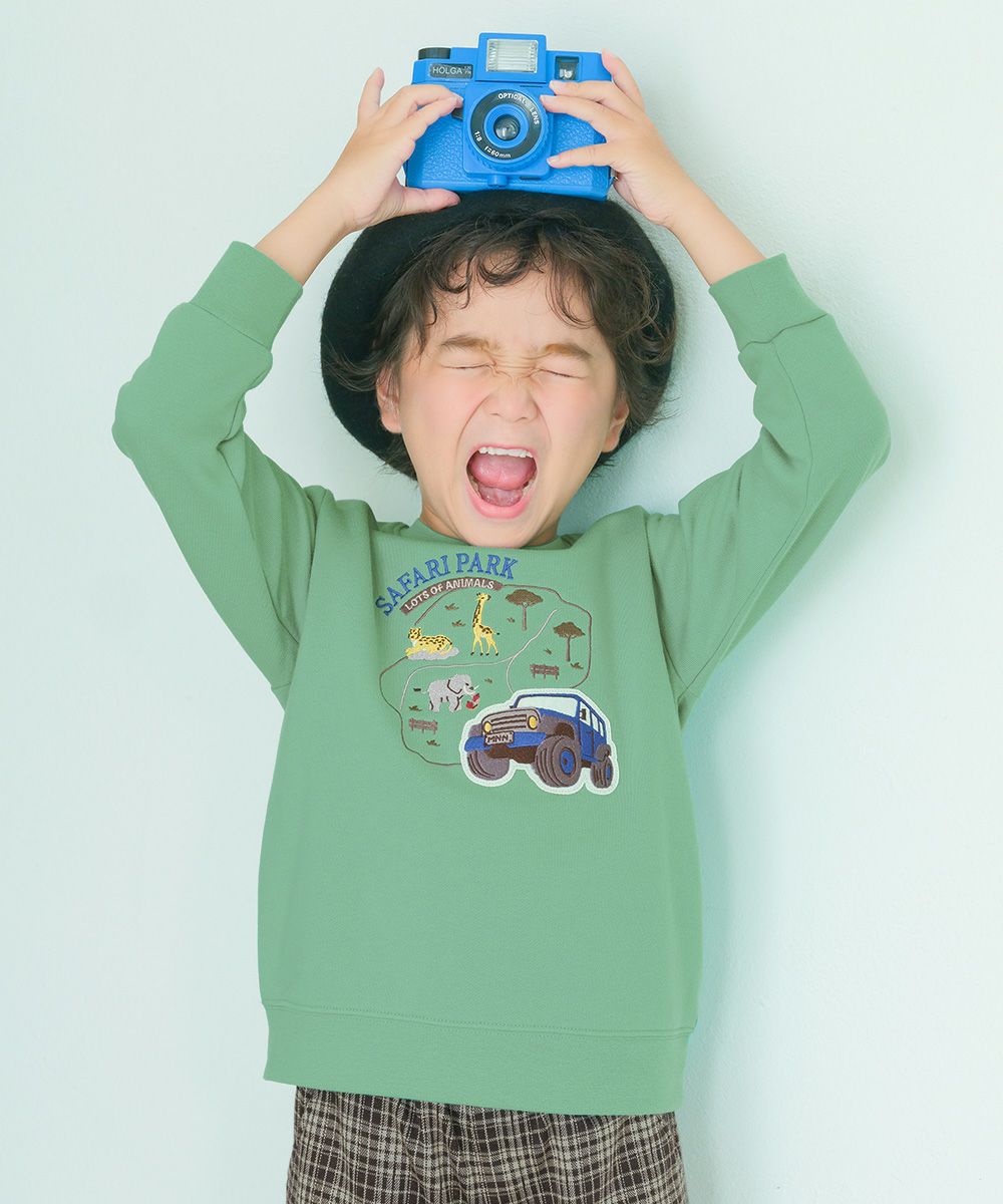 ベビー服 男の子 子ども服 こども キッズ 動物 車 刺繍 ワッペン サファリパーク 裏毛 グリーン(08) モデル画像全身