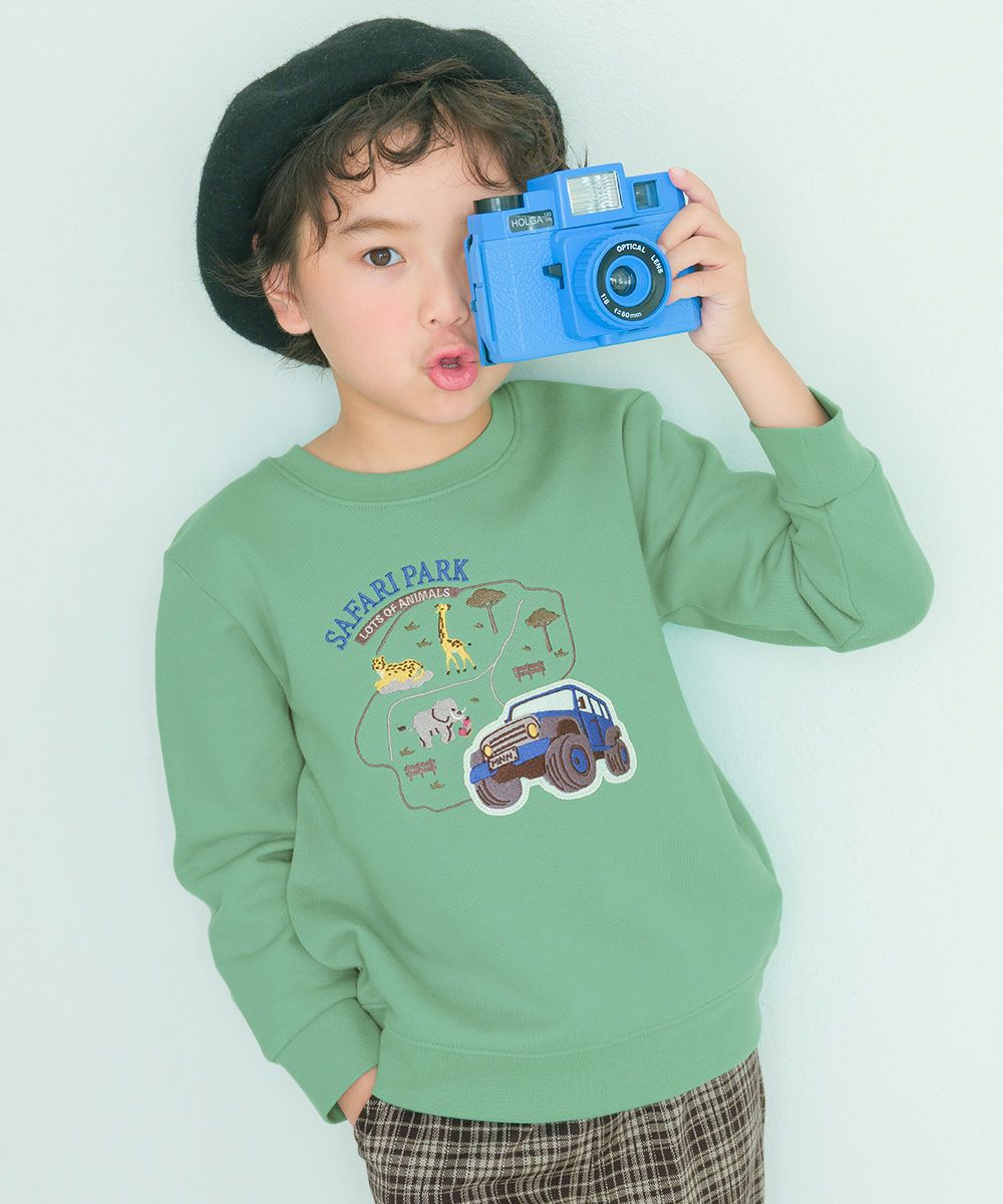 ベビー服 男の子 子ども服 こども キッズ 動物 車 刺繍 ワッペン サファリパーク 裏毛 グリーン(08) モデル画像1