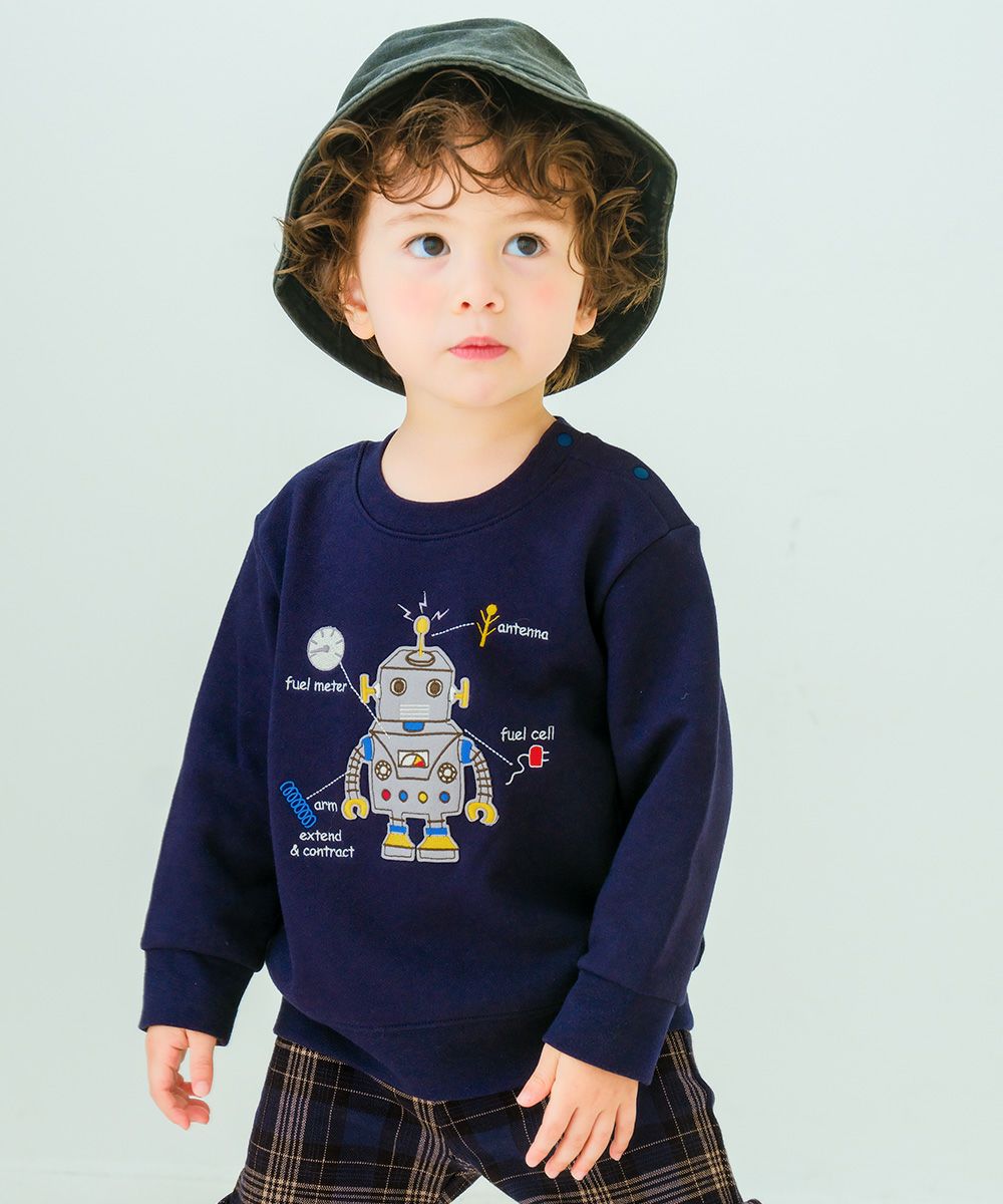 ベビー服 男の子 ロボットワッペン ロゴ刺繍 裏毛トレーナー ネイビー(06) モデル画像アップ