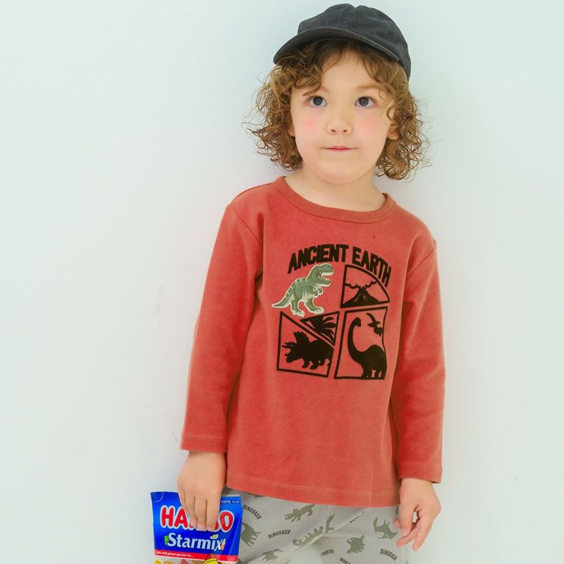 ベビー服 男の子 綿100％ 恐竜刺繍 フロッキープリントTシャツ