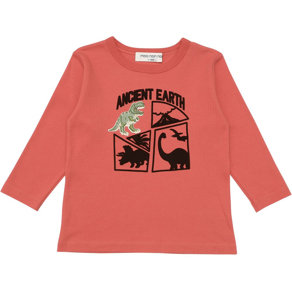 ベビー服 男の子 綿100％ 恐竜刺繍 フロッキープリントTシャツ オレンジ(07) 正面