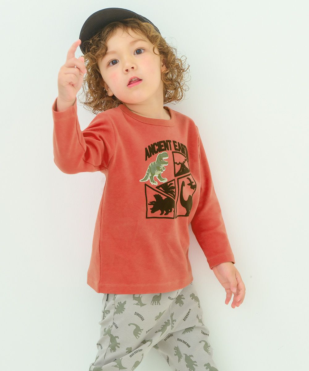 ベビー服 男の子 綿100％ 恐竜刺繍 フロッキープリントTシャツ オレンジ(07) モデル画像アップ