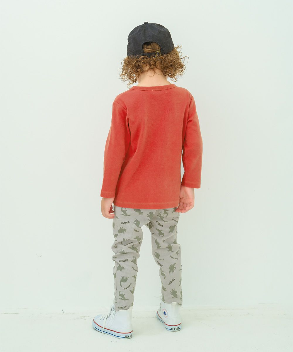 ベビー服 男の子 綿100％ 恐竜刺繍 フロッキープリントTシャツ オレンジ(07) モデル画像全身