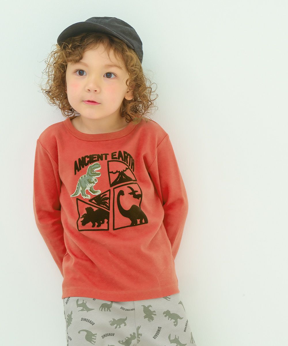 ベビー服 男の子 綿100％ 恐竜刺繍 フロッキープリントTシャツ オレンジ(07) モデル画像1