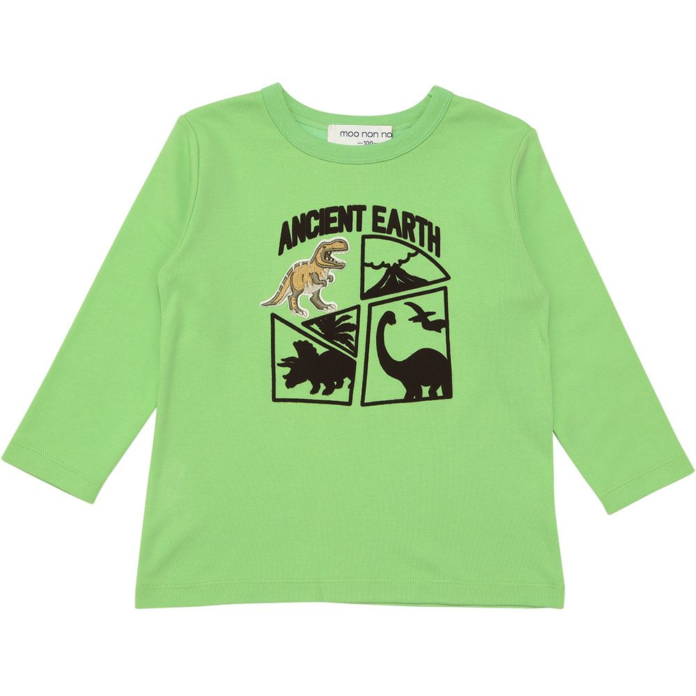 ベビー服 男の子 綿100％ 恐竜刺繍 フロッキープリントTシャツ グリーン(08) 正面
