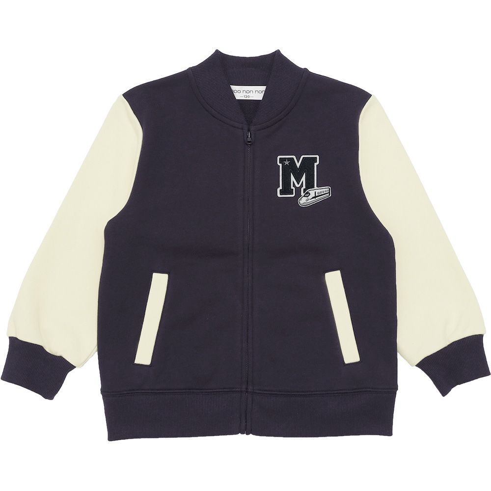 ベビー服 男の子 ロゴ 電車ワッペン ジップアップ 裏毛ジャケット ネイビー(06) 正面