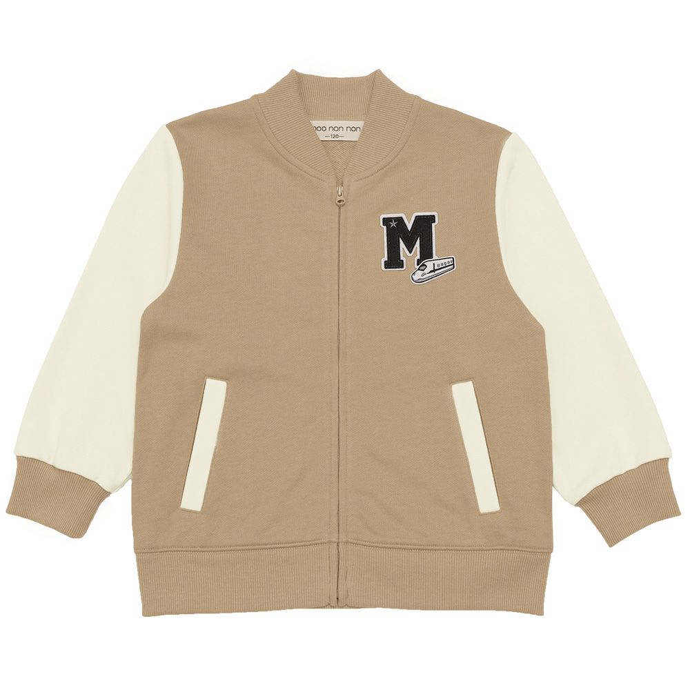 ベビー服 男の子 ロゴ 電車ワッペン ジップアップ 裏毛ジャケット ベージュ(51) 正面
