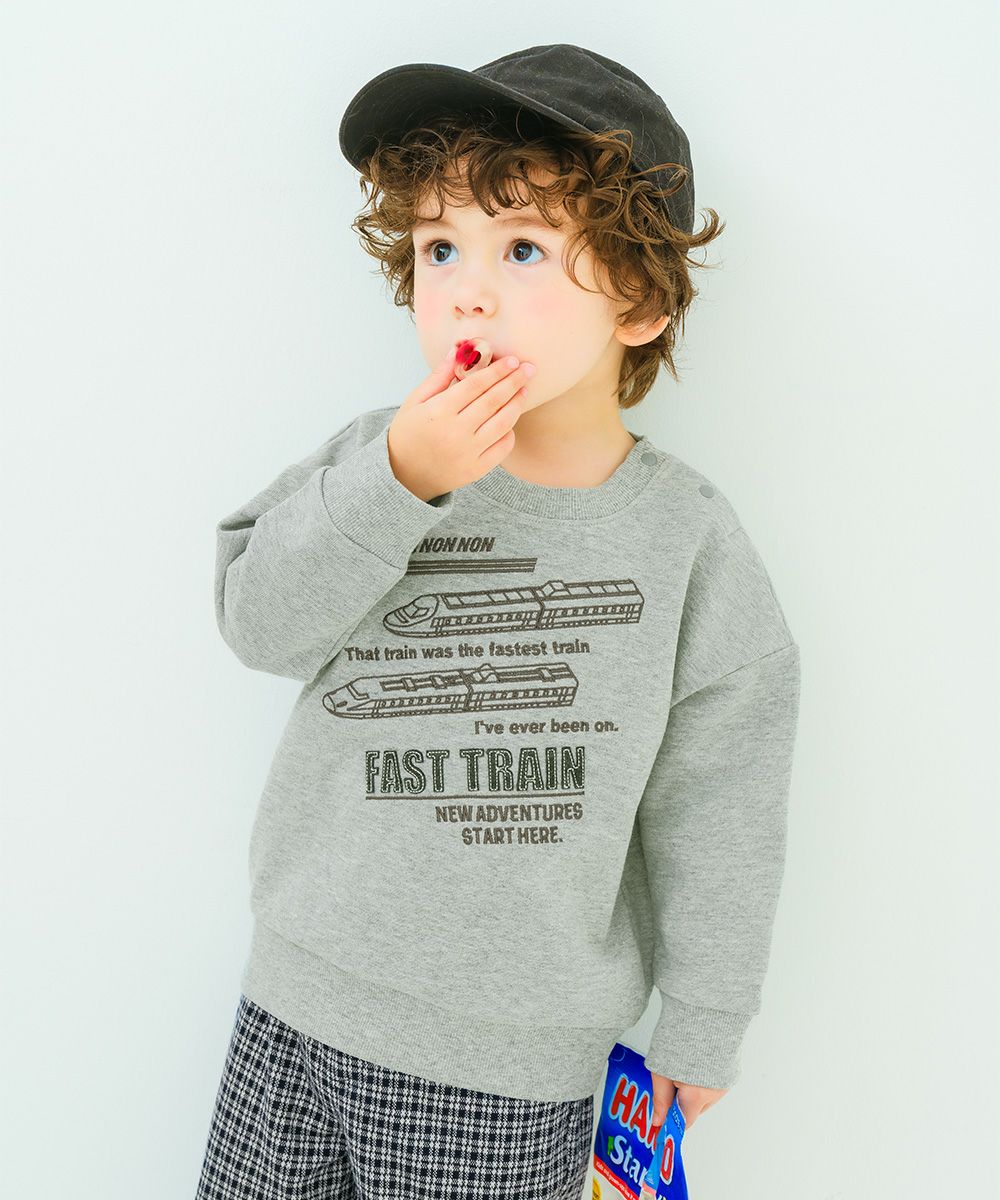 ベビー服 男の子 電車 ロゴ刺? 裏毛トレーナー 杢ｸﾞﾚｰ(92) モデル画像全身