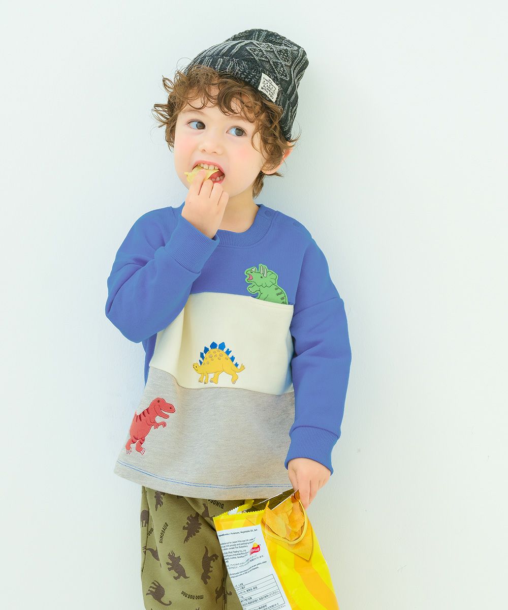 ベビー服 男の子 恐竜ワッペン ポケットつき 裏毛トレーナー ブルー(61) モデル画像1