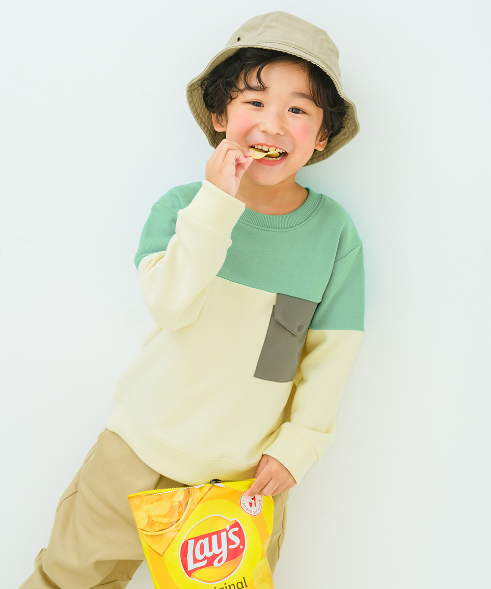 子供服 男の子 子ども服 こども服 キッズ ジュニア バイカラー 切り替え ポケットつき 裏毛 グリーン(08) モデル画像アップ